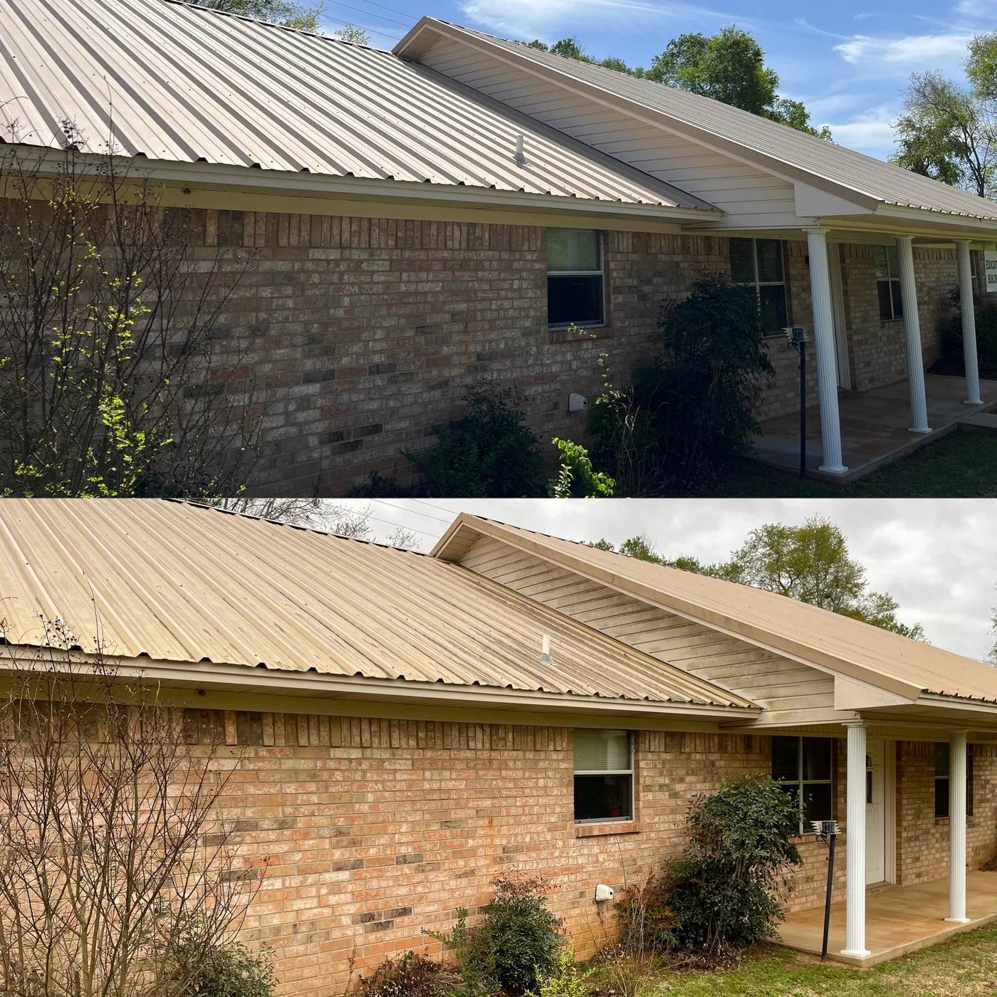 Before and after house wash on a brick home
