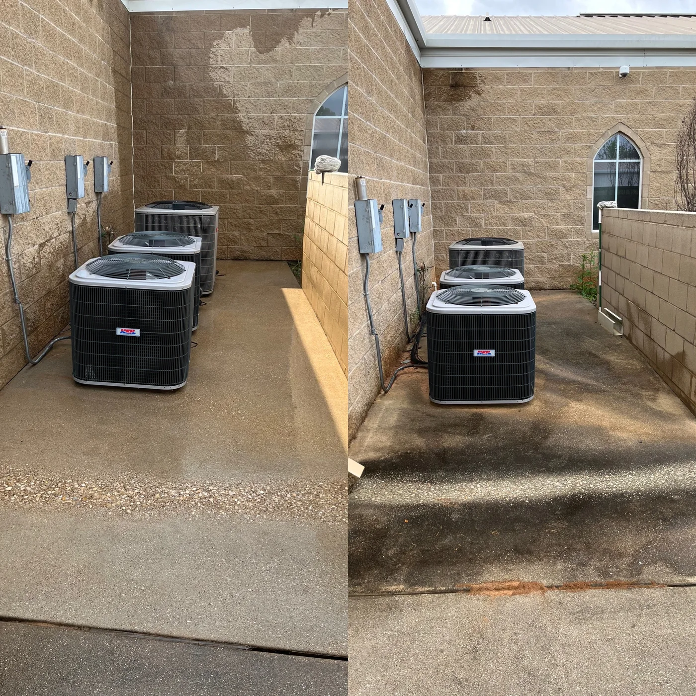 Before and after cleaning around exterior HVAC units