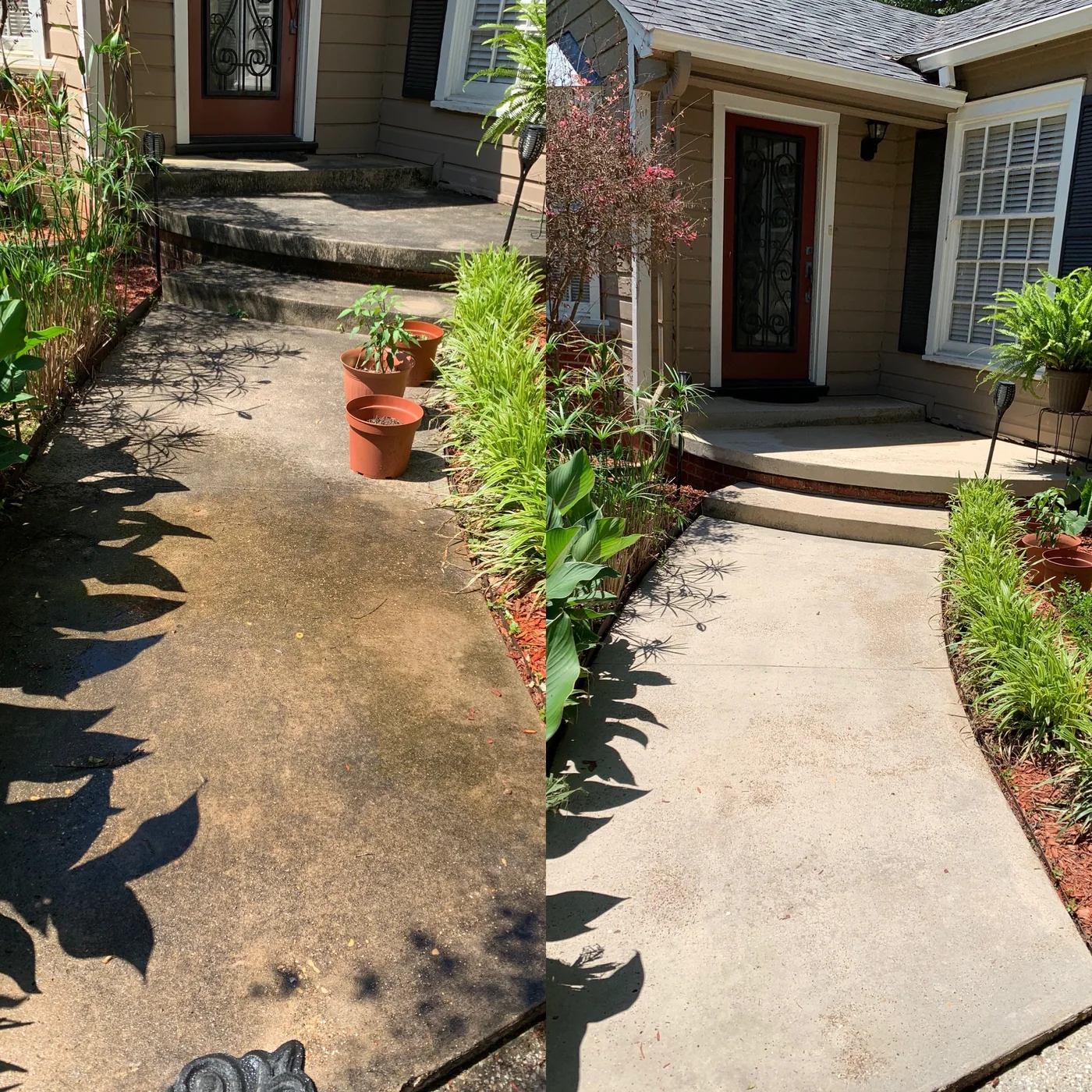 Before and after sidewalk cleaning at a residential entry